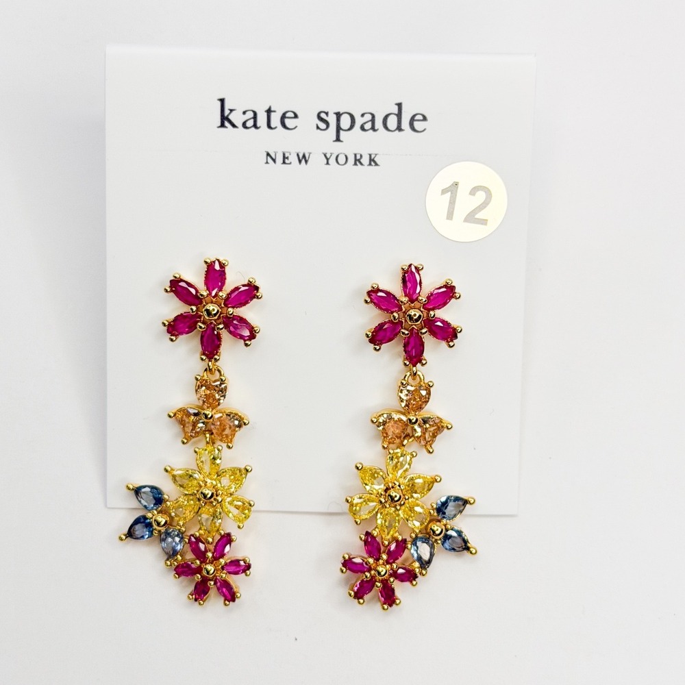 Kate Spade Multi Color Crystal Floral First Bloom Drop Earrings Gold Tone NWT